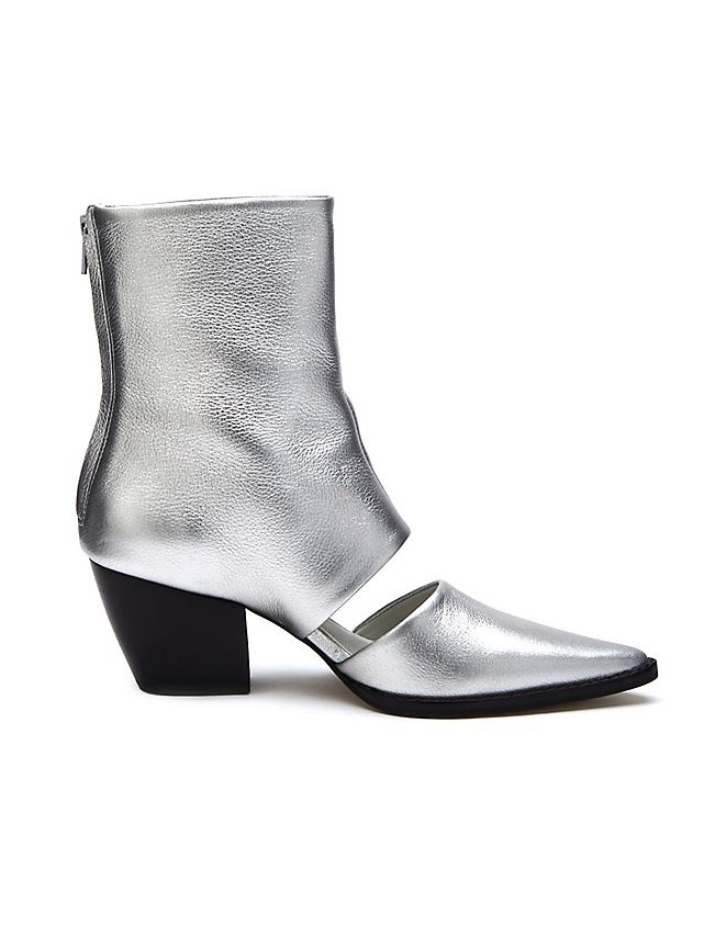 Silver Mid-Calf Cutout Leather Ankle Boots